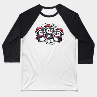 Adorable Cute Penguin Santa Hat Winter Snowball Fight Baseball T-Shirt